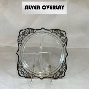 Vintage Silver Overlay Square Glass 3-Section Divided 10" Dish